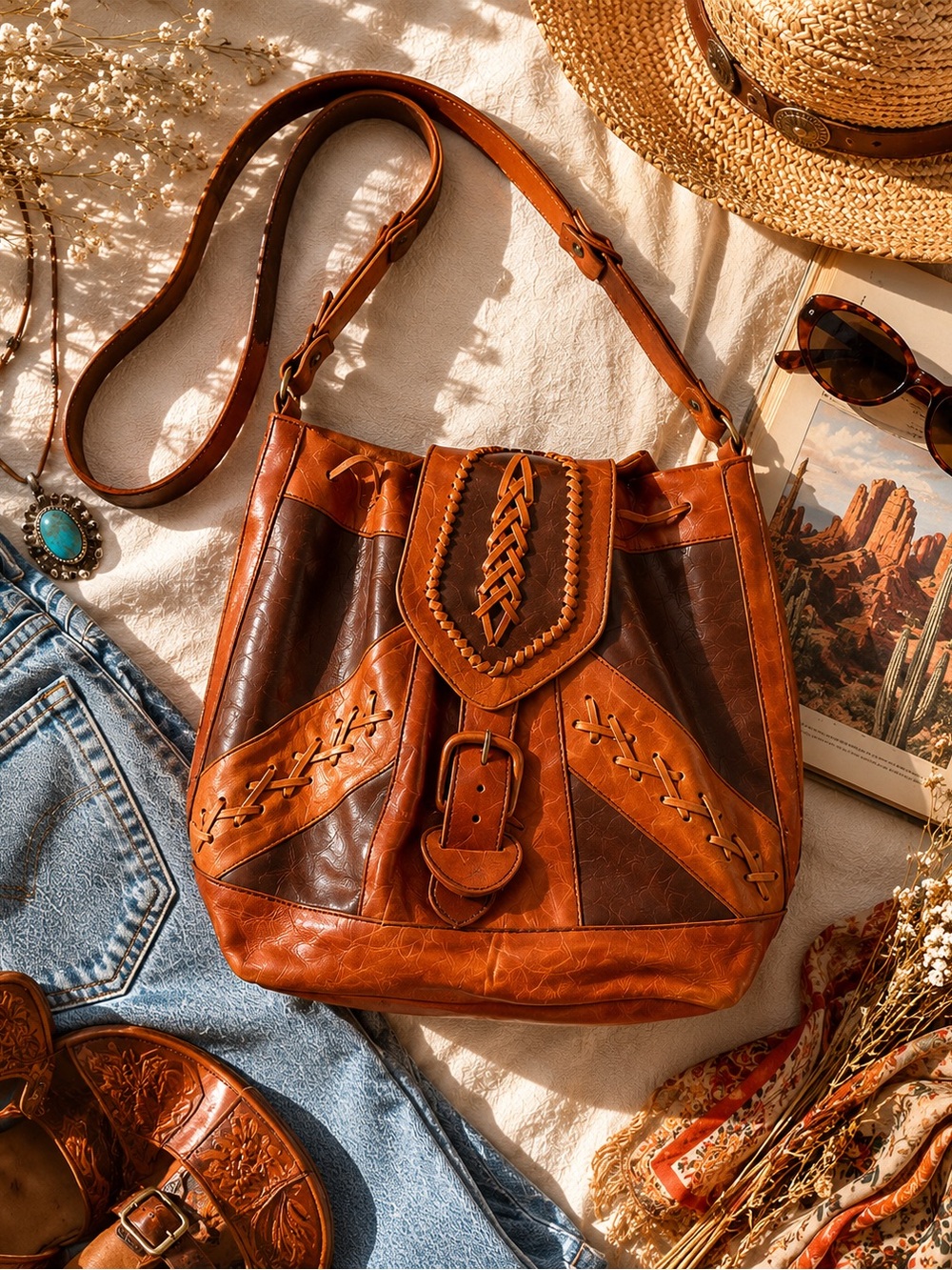 Vintage Leather Patchwork Bag Boho Festival Western 70s Style Crossbody Saddle